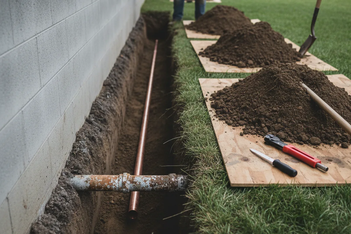 Excavated water line trench during Water Softener Installation in Sugar Valley